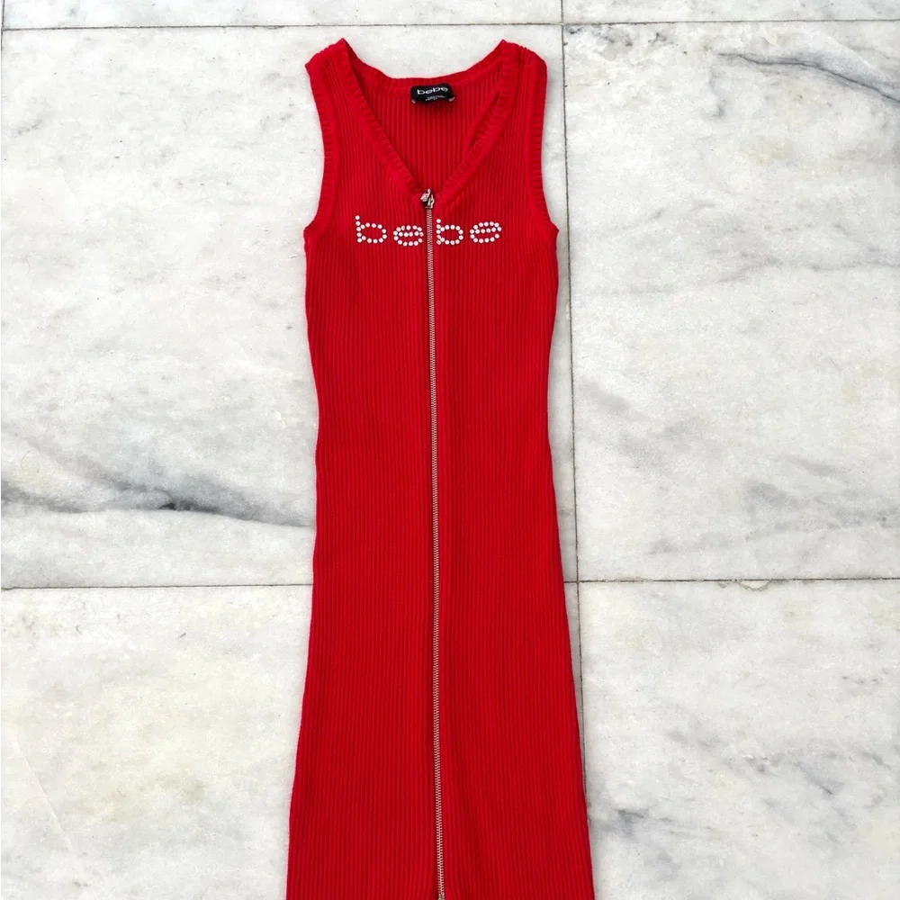 Y2K BEBE Dress Red Swarovski Midi Ribbed Knit Full Zip Women S Hip Hop Boho